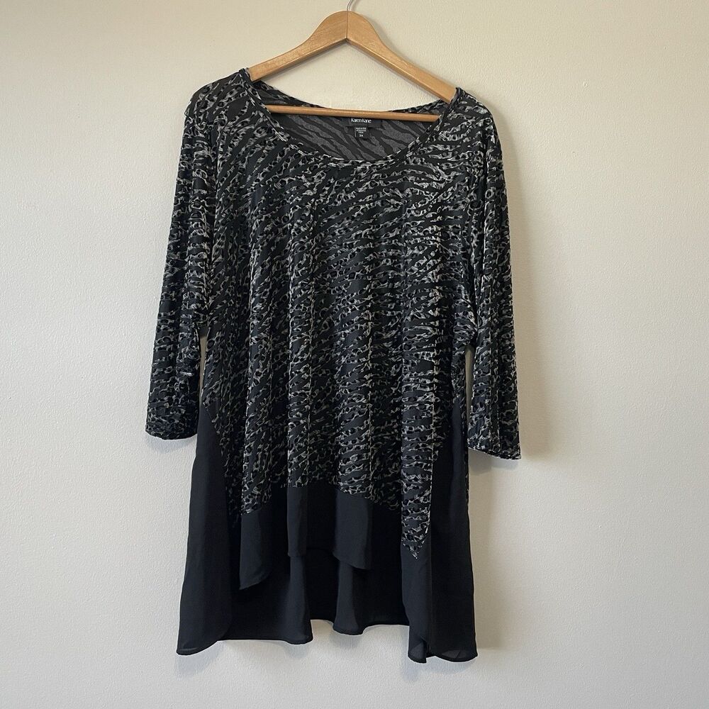Karen Kane Velvet Burnout Top 3X  Black Animal Print Tunic Blouse Office Leopard